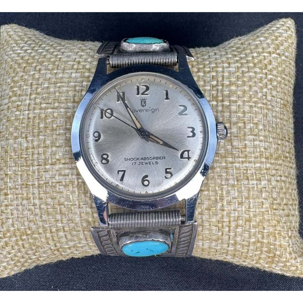 Navajo Turquoise Sterling Silver Watch Bracelet Sovereign Swiss 17 Jewel Vintage